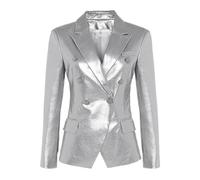 Ownwfeat Blazer de bureau pour femme en cuir PU col cranté manches longues double boutonnage coupe ajustée costume manteau, Argenté., M