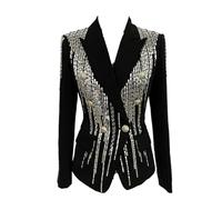 Ownwfeat Blazer grande taille pour femme avec perles de diamant pailletées col cranté manches longues double boutonnage coupe ajustée manteau, Noir , L