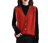 Ownwfeat Cardigan en Laine pour Femmes, Col en V, Bouton, sans Manches, Gilet en Tricot