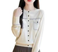 Ownwfeat Cardigan en tricot à col rond pour femme avec boutons sur le devant, en laine de soie et coton mélangé, doux et extensible avec poches pour un usage quotidien, beige, M Taille courte