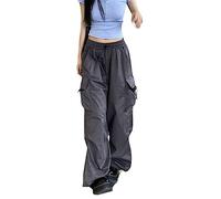 Ownwfeat Pantalon Cargo Taille Haute À Poches Multiples pour Femme Wide Leg Pants Gray S