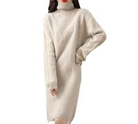 Ownwfeat Robe longue à col roulé en cachemire et laine à manches longues pour femme, Lait comme indiqué, M