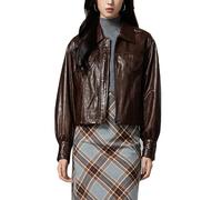 Ownwfeat Veste courte vintage en cuir de mouton véritable pour femme, coupe ajustée, col rabattable, manches longues, fermeture éclair, manteau de moto doux, marron chocolat, XL
