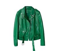 Ownwfeat Veste de motard décontractée en peau de mouton véritable avec fermeture éclair et ceinture à lacets, col rabattable, manches longues, manteau de moto court pour femme, EN8, XL