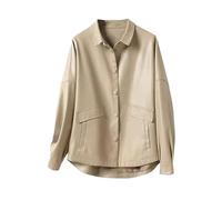 Ownwfeat Veste en cuir d'agneau à coupe ample pour femme - Style décontracté - Avec boutons recouverts de boutons - Manteau court en peau de mouton fendue avec col rabattu, abricot, L
