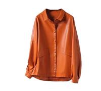 Ownwfeat Veste en cuir d'agneau à coupe ample pour femme - Style décontracté - Avec boutons recouverts de boutons - Manteau court en peau de mouton fendue avec col rabattu, Orange, XL