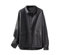 Ownwfeat Veste en cuir d'agneau à coupe ample pour femme - Style décontracté - Avec boutons recouverts de boutons - Manteau court en peau de mouton fendue avec col rabattu, Noir , M