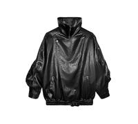 Ownwfeat Veste en peau de mouton fendue chic pour femme avec boutons recouverts de lacets réglables, col rabattable, manches longues, ceinture, Noir , XL
