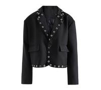 Ownwfeat Veste slim décontractée pour femme avec anneau en métal, col rabattable, manches longues, manteau patchwork à bouton unique, Noir , M