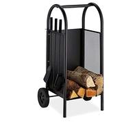 OWOHYG Ensemble d'accessoires pour cheminée, Range-bûches, Chariot à bûches à roulettes, Chariot à bûches avec 3 Accessoires, Porte-bûches, Support en Fer forgé pour Foyer extérieur