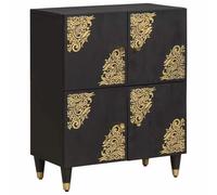 Owoxanthellate Buffet noir 60 x 33 x 75 cm - Commode en bois massif de mango - Buffet design avec 4 portes, sérigraphie dorée et boutons en laiton pour salon et couloir