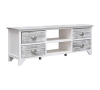 Owoxanthellate Buffet TV blanc gris 108 x 30 x 40 cm en bois de paulownia massif avec 4 tiroirs et 2 compartiments, meuble bas moderne avec espace de rangement pour salon, chambre à coucher, couloir