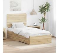 Owoxanthellate Cadre de lit simple en chêne Sonoma 90 x 190 cm, avec tête de lit et sommier à lattes, en bois dérivé du bois, espace de rangement moderne, kit complet de tiroirs pour chambre à coucher