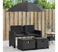 Owoxanthellate Canapé de jardin, 2 places, en polyrotin, noir, avec parasol, mécanisme d'inclinaison et tabouret, cadre en acier robuste, petit format, 120 x 61 x 80 cm, pour terrasse, balcon