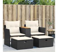 Owoxanthellate Canapé de jardin 2 places en rotin synthétique, noir, 142 x 62 x 69 cm, avec tabourets et coussins blanc crème, design moderne, salon robuste, pour terrasse, balcon et jardin d'hiver