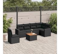 Owoxanthellate Canapé de jardin 7 pièces en polyrotin noir 65,5 x 62 x 69 cm résistant aux intempéries avec table rembourrée en bois d'acacia pour balcon, terrasse, salon de jardin, salon d'extérieur