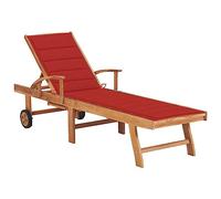Owoxanthellate Chaise longue en teck - 195 x 59,5 cm - Avec coussin rouge - Roues et accoudoirs - En bois massif résistant aux intempéries - Design moderne pour jardin, terrasse, balcon et piscine
