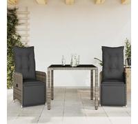 Owoxanthellate Ensemble bistro de jardin 3 pièces en polyrotin gris, fauteuils réglables avec repose-pieds, table en verre de 90 x 90 cm, coussins rembourrés, résistant aux intempéries, pour balcon