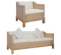 Owoxanthellate Ensemble de 2 canapés en rotin avec coussins, 171 x 78 x 74 cm, structure en bois de manguier naturel, design moderne, pour petit salon, balcon, jardin, terrasse