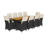 Owoxanthellate Ensemble de bistro de jardin 11 pièces en polyrotin noir | Fauteuil de jardin réglable avec coussin d'assise et grande table à manger en bois d'acacia pour des heures confortables sur
