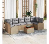 Owoxanthellate Ensemble de canapé de jardin 8 pièces beige gris clair 7 places en polyrotin bois d'acacia modulaire avec espace de rangement pour terrasse, balcon, salon extérieur