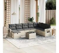 Owoxanthellate Ensemble de canapé de jardin 9 pièces - Gris clair - 62 x 62 x 69 cm - En rotin synthétique - Avec module central - Tabouret - Table en verre - Résistant aux intempéries