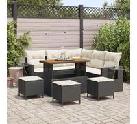 Owoxanthellate Ensemble de canapé de jardin modulaire noir 9 pièces 110 x 55 x 71 cm en polyrotin résistant aux intempéries avec bois d'acacia Table de café à dîner Salon Balcon Terrasse Jardin