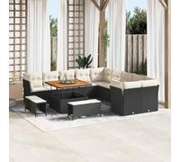 Owoxanthellate Ensemble de canapé de jardin noir crème 100 x 100 x 71 cm en polyrotin modulaire avec table en bois d'acacia - Coussins rembourrés - Résistant aux UV - Pour jardin, balcon, terrasse