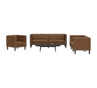 Owoxanthellate Ensemble de canapés Chesterfield 3 pièces en cuir synthétique marron aspect daim de 71 à 194 cm de large avec pieds en bois massif et mousse pouvant supporter une charge de 110 kg