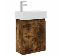 Owoxanthellate Ensemble de lavabo de salle de bain à montage mural avec lavabo en céramique, mitigeur et bonde, ensemble de meubles de salle de bain étroits, 45,5 x 25,5 x 84 cm, chêne fumé