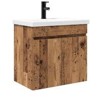 Owoxanthellate Ensemble de meuble de lavabo avec lavabo en céramique et robinet, lavabo suspendu de 61 cm, meuble de salle de bain aspect bois vieilli, pour WC d'invités et salle de bain