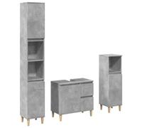 Owoxanthellate Ensemble de meubles de salle de bain 3 pièces gris béton - Meuble sous lavabo et deux armoires de salle de bain - Rangement moderne en bois avec éléments en bois massif