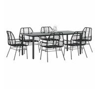 Owoxanthellate Ensemble de salle à manger de jardin 7 pièces - Noir - 200 x 100 cm - En polyrotin - Table en verre trempé résistant aux intempéries - 6 chaises avec accoudoirs - Pour jardin, terrasse