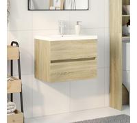 Owoxanthellate Ensemble de salle de bain 2 pièces 60 × 38,5 × 45 cm, lavabo en chêne Sonoma et céramique blanche avec espace de rangement, bonde pop-up & robinet moderne et durable pour petites salles