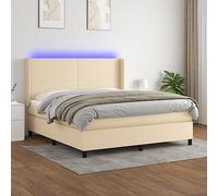 Owoxanthellate Lit à sommier tapissier, crème, 160 x 200 cm, avec matelas et LED, pour chambre à coucher, tissu respirant, tête de lit réglable en hauteur, ressorts ensachés, aménagement pour des
