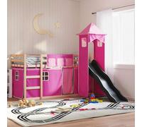 Owoxanthellate Lit mezzanine, avec toboggan et rideaux, rose, 195,5 x 97,5 x 113 cm, en bois massif, cadre de lit de jeu, pliable, pour chambre d'enfant et coin d'invités