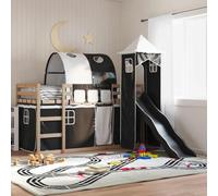 Owoxanthellate Lit mezzanine en pin massif 195,5 x 97,5 x 113 cm avec toboggan anthracite et rideaux blanc/noir pour matelas de 90 x 190 cm complet pour chambre d'enfant à partir de 6 ans