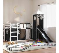 Owoxanthellate Lit mezzanine, pour enfant, en pin massif, blanc, noir, 205,5 x 97,5 x 113 cm, avec toboggan, rideaux 90 x 200 cm, protection anti-chute, lit de jeu, peu encombrant pour les petites