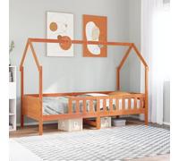 Owoxanthellate Lit pour enfant en pin massif - 209 x 95,5 x 151 cm - Marron cire - Lit de jeu 90 x 200 cm avec sommier à lattes, espace de rangement et cadre de toit pour jouer et rêver - Pour chambre