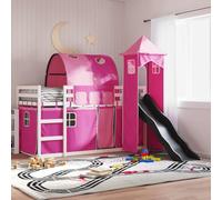 Owoxanthellate Lit superposé, pour enfant, avec toboggan, rose, 195,5 x 97,5 x 113 cm, en bois massif, lit de jeu, pour filles à partir de 6 ans, avec kit de rideaux