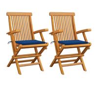 Owoxanthellate Lot de 2 chaises de jardin pliantes en bois de teck avec coussin bleu roi 55 x 60 x 89 cm - Résistant aux intempéries - Empilables pour balcon, terrasse, camping et petites surfaces