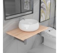 Owoxanthellate Lot de 2 meubles de salle de bain en céramique 40 cm rond + étagère murale de 60 x 40 x 16 cm - Couleur chêne - Design moderne - Robuste et peu encombrant - Pour petits invités, salles