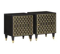 Owoxanthellate Lot de 2 tables de chevet 40 x 33 x 46 cm en bois de manguier massif noir avec relief floral rétro et pieds en fer stables, table d'appoint moderne pour chambre à coucher, salon