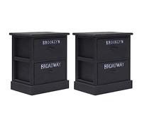 Owoxanthellate Lot de 2 tables de chevet en bois de Paulownia - 38 x 28 x 45 cm - Avec impression quart NY et 2 tiroirs - Table d'appoint vintage moderne pour chambre à coucher, salon, couloir - Noir