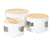 Owoxanthellate Lot de 3 tables d'appoint design tonneau en bois d'acacia massif - Cadre en fer blanc - 53/47/40 cm de diamètre - Empilables pour salon, chambre à coucher, bureau