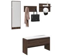 Owoxanthellate Lot de 4 porte-manteaux en chêne marron 90 x 31 x 46,5 cm, banc à chaussures avec miroir, 6 crochets, banc porte-manteau avec espace de rangement et tabouret, meuble de couloir peu