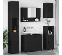 Owoxanthellate Lot de 5 meubles de salle de bain noirs en contreplaqué et métal - 35 x 30 x 192 cm - Design moderne avec meuble sous lavabo - Armoire haute avec miroir - Pour petites et grandes salles