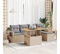Owoxanthellate Lot de 6 meubles de jardin modulaires en polyrotin beige avec table en acacia réglable en hauteur 142 x 100 cm résistant aux intempéries salon de jardin modulaire pour terrasse, balcon