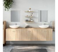 Owoxanthellate Lot de 6 meubles de salle de bain - Couleur chêne - 180 x 45 x 45 cm - Meuble mural avec étagères en verre et double miroir en bois - Design moderne pour petites et moyennes salles de