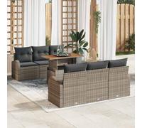 Owoxanthellate Lot de 7 meubles de jardin, empilables, en polyrotin et acacia, gris, 100 x 55 x 73 cm, avec espace de rangement et coussins, petit, moderne, pour balcon, terrasse et jardin d'hiver